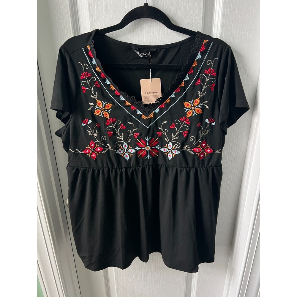 Bloomchic Womens Top Black w/ Floral Embroidery Short Sleeve Boho‎ US 14/16 NEW